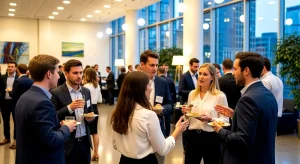 Networking en evento corporativo profesional — relaciones y oportunidades de negocio